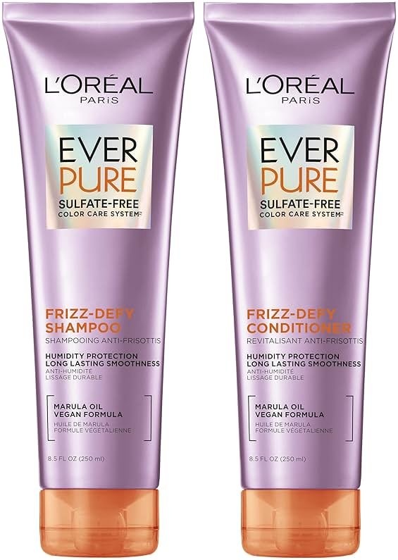 L'Oreal Paris Frizz Defy Shampoo and Conditioner Set, Frizz Control Hair Care with Marula Oil, EverPure, 8.5 Fl Oz, Set of 2 - Product Image