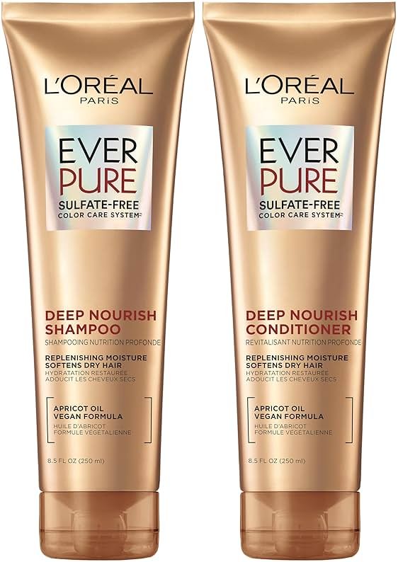 L'Oreal Paris Sulfate Free Shampoo and Conditioner for Dry Hair, Triple Action Hydration for Dry, Brittle or Color Treated Hair, Apricot Oil Infused Hair Care, EverPure, 8.5 Fl Oz, Set of 2 - Product Image