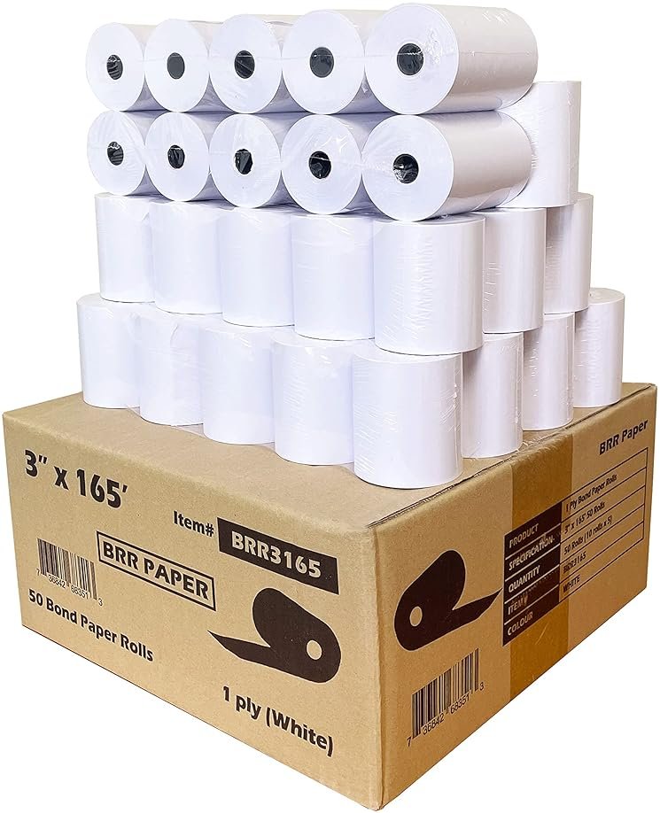 (50 Rolls) 3" x 165' 1-Ply Bond Receipt Paper POS Cash Register Paper | TMU200 SRP275 Star sp 700 Kitchen Printer Paper Rolls from Nayelish - Product Image