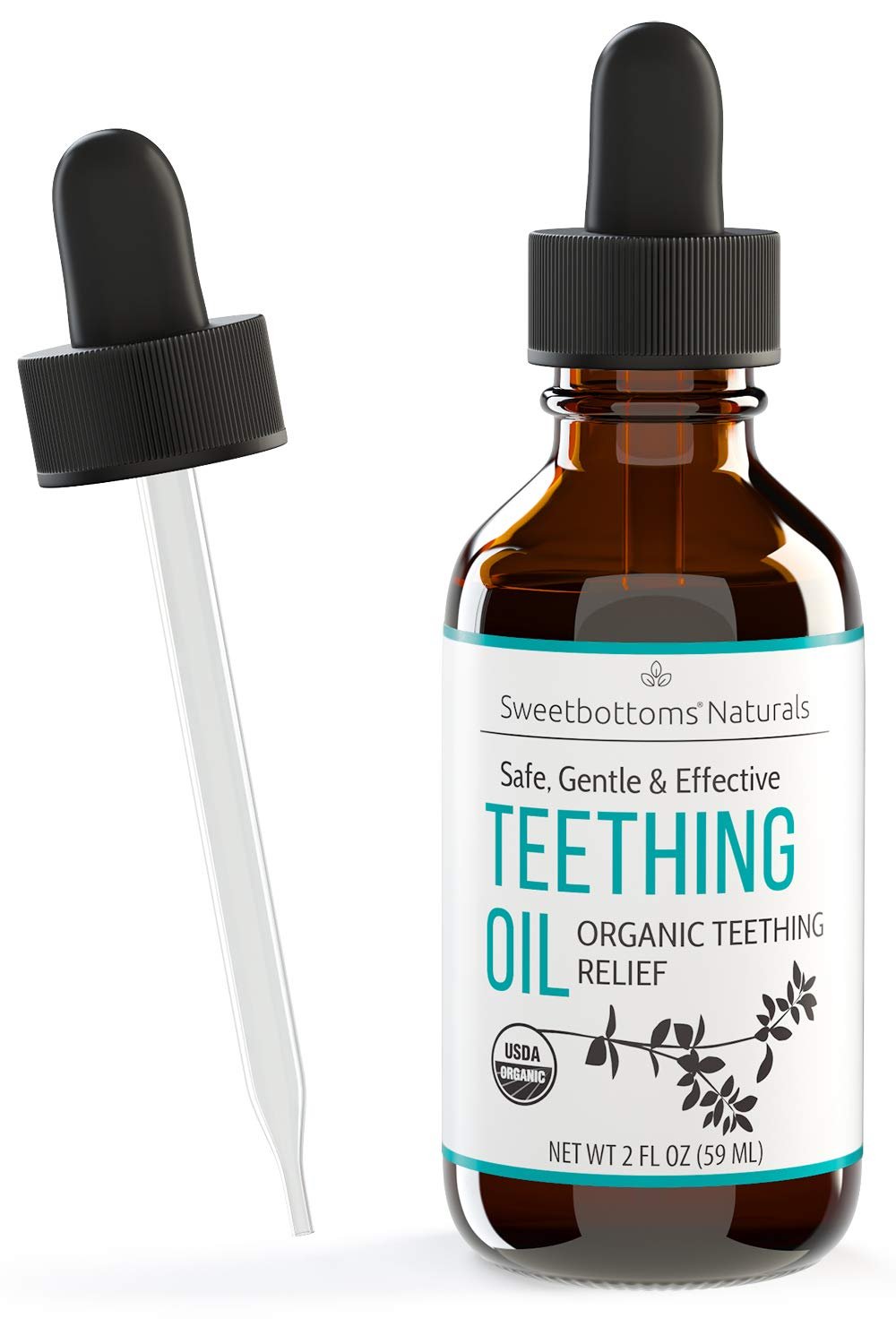 Certified Organic Teething Oil - Ease Teething Discomfort & Sore Gums Quickly & Effectively - Natural Vegan Botanical Ingredients - 2 oz Bottle with Glass Dropper - Baby Teething Relief - Product Image
