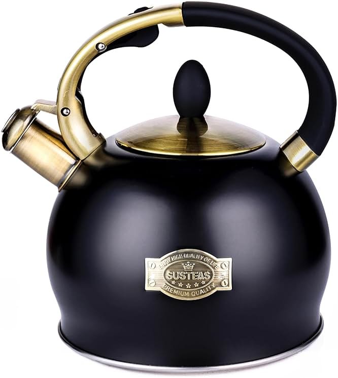 SUSTEAS Stove Top Whistling Tea Kettle - Food Grade Stainless Steel Teakettle Teapot with Cool Touch Ergonomic Handle, With 1 Silicone Pinch Mitt Included, 2.64 Quart(BLACK) - Product Image
