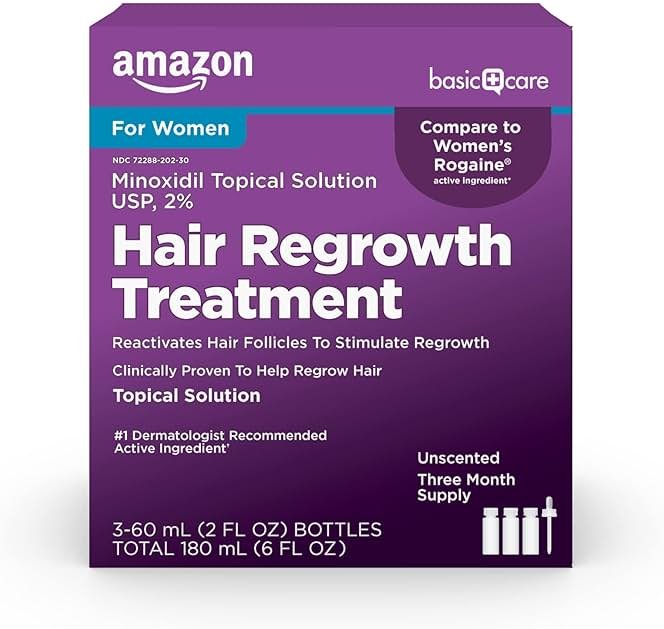 Amazon Basic Care Minoxidil Topical Solution, 2 Percent, Hair Regrowth Treatment For Women, 6 Ounce - Product Image