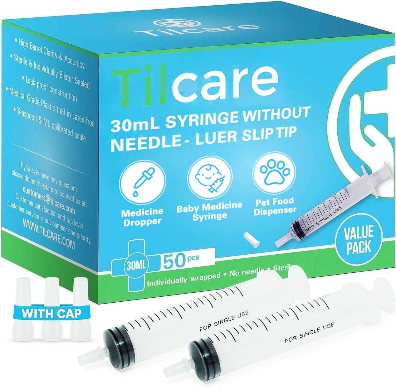 30ml Oral Dispenser Syringe with Cover 50 Pack by Tilcare - Luer Slip Sterile Plastic Medicine Food Droppers for Children, Pets & Adults – Latex-free Medication Dispenser - Large Feeding Tube Syringes - Product Image