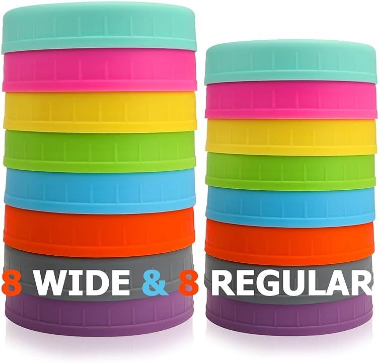 AOZITA [16 Pack] Colored Plastic Mason Jar Lids Fits Ball, Kerr & More - 8 Wide Mouth & 8 Regular Mouth - Storage Caps for Canning Jars, Dishwasher Safe & Food Grade & Leakproof - Product Image