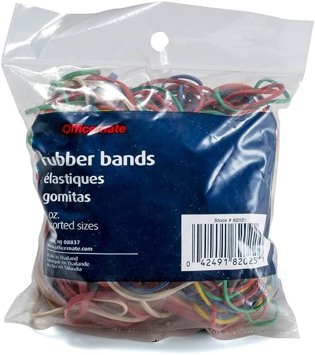 Officemate Assorted Size and Color Rubber Bands, 4 oz (82025), 0.05 x 5.75 x 1.75 inches, Assorted - Product Image