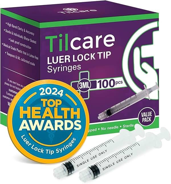 3ml Syringe Without Needle Luer Lock 100 Pack by Tilcare - Sterile Plastic Medicine Droppers for Children, Pets or Adults – Latex-Free Oral Medication Dispenser - Syringes for Glue and Epoxy - Product Image