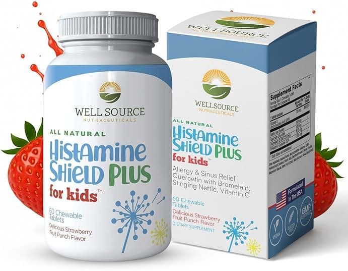 Histamine Shield Plus Natural Antihistamine Supplement, Sinus & Allergy Relief for Pollen, Pet Dander, Dust, Mold, and Odors, 60 Strawberry Fruit Punch Chewable Tablets - Product Image