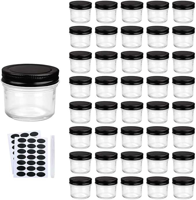 QAPPDA 40 Packs 4oz Glass Mini Mason Jars with Lids(Black), Clear Glass Jars Small Spice Canning Jars for Honey, Jam, Jelly, Wedding Favors, DIY Party Favors, Kitchen Food Storage - Product Image