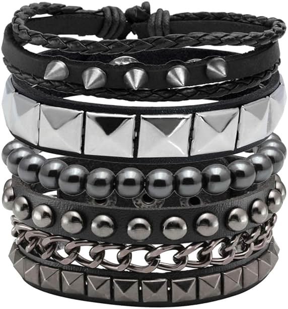 Eigso 4 Pcs Punk Leather Rock Studded Bracelets for Men Women Retro Classic Spiked Metal Cuff Bracelet Set for Man Woman - Product Image