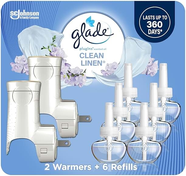Glade PlugIns Air Freshener Starter Kit, Scented and Essential Oils for Home and Bathroom, Clean Linen, 4.02 Fl Oz, 2 Warmers and 6 Refills - Product Image