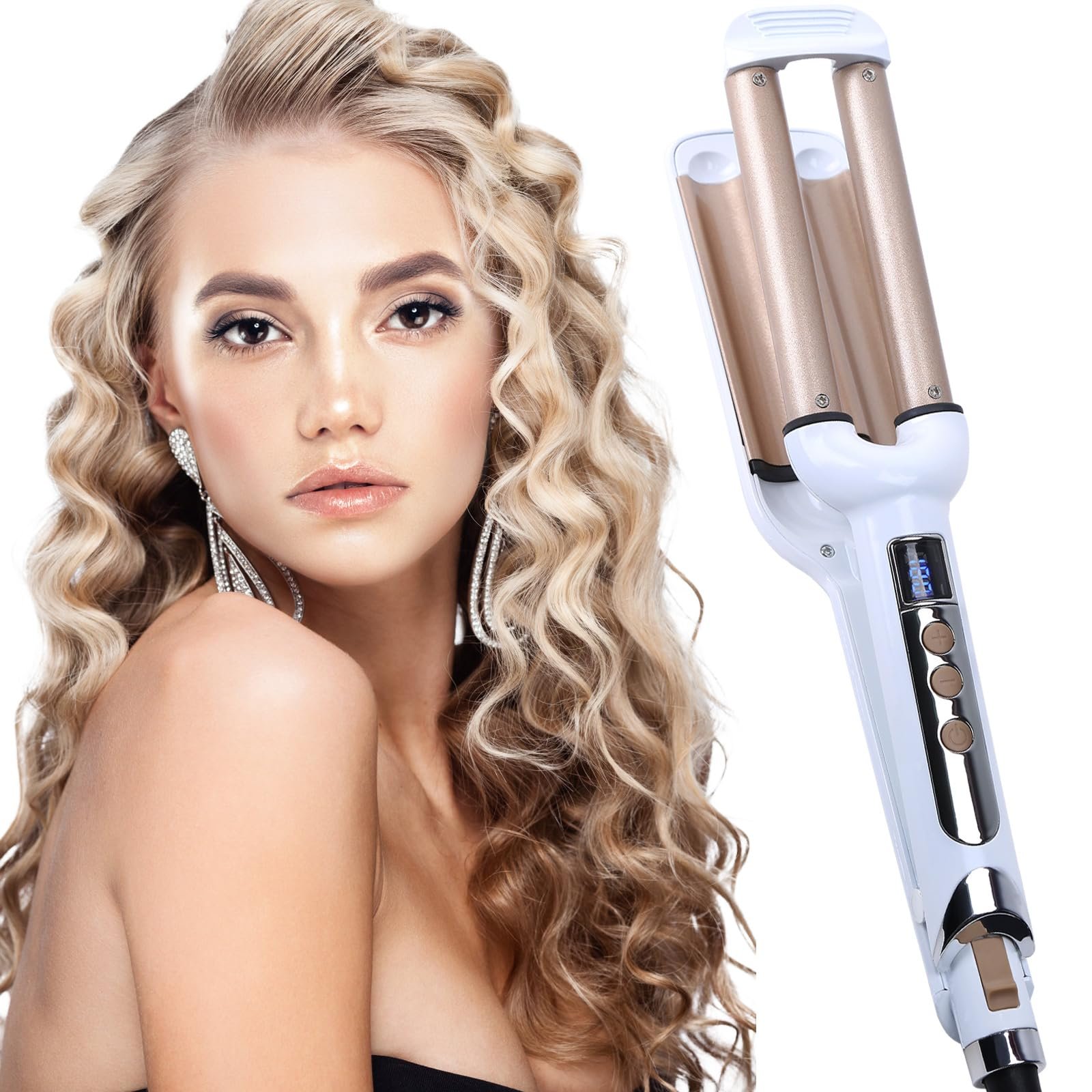Crimper Hair Iron, Ceramic Hair Crimper Hair Waver 3 Barrel Curling Iron 0.6 inch / 16mm Perm Instant Curls,Hair Crimper and Wavers, Valentines Mothers Day Gifts for Women (Champagne) - Product Image