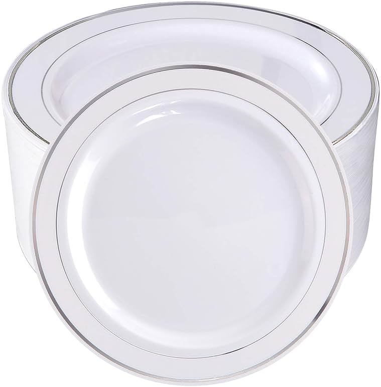 bUCLA 100Pieces Silver Plastic Plates - 10.25inch Silver Rim Disposable Dinner Plates - Ideal for Weddings, Parties - Product Image