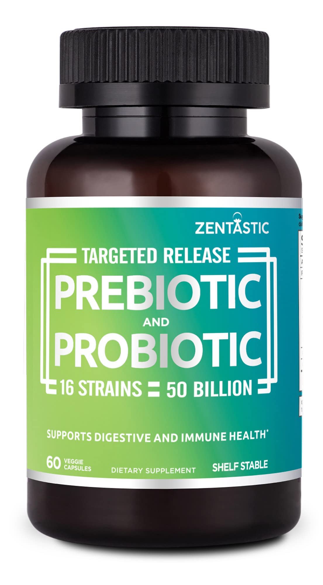 Zentastic Probiotics & Prebiotics Supplement - 50 Billion CFU - for Men & Women’s Immune & Digestive Health - 16 Strains - Shelf Stable - 60 Delayed Release Veggie Capsules - Product Image