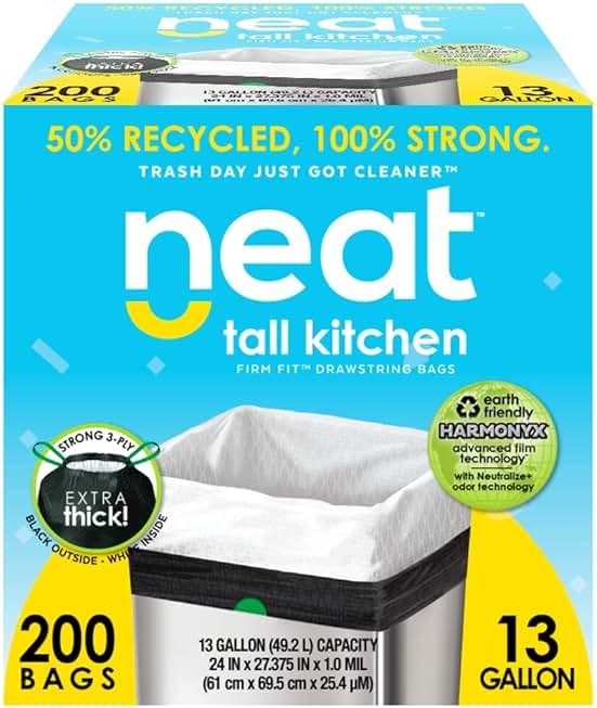 Neat Tall Kitchen 13 Gallon Drawstring Trash Bags - (MEGA 200 Count) - Triple Ply Fortified, Eco-Friendly 50% Recycled Material, Neutralize+ Odor Technology, Reversible Black and White Garbage Bags - Product Image