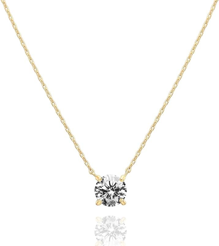 PAVOI 14K Gold Plated Crystal Solitaire 1.5 Carat (7.3mm) Cubic Zirconia Dainty Choker Necklace | Gold Necklaces for Women - Product Image