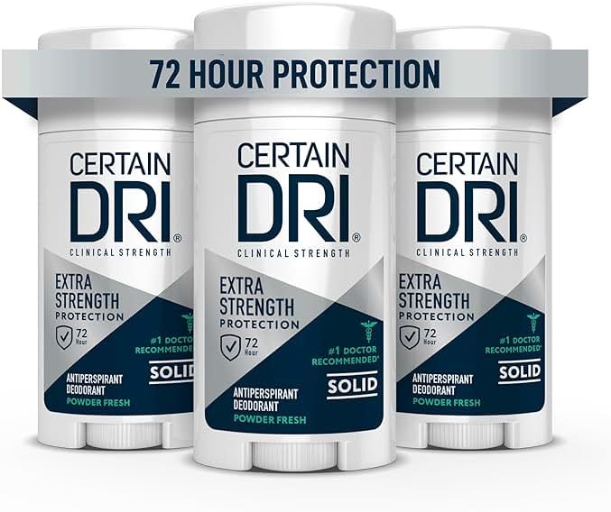 Certain Dri Extra Strength Clinical Solid Antiperspirant, 72-Hour Sweat & Odor Protection for Hyperhidrosis, Maximum-Strength, Powder Fresh Scent, 1.7 oz (Pack of 3) - Product Image