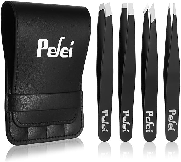 Pefei Tweezers Set - Professional Stainless Steel Tweezers for Eyebrows - Great Precision for Facial Hair, Splinter and Ingrown Hair Removal (Black) - Product Image