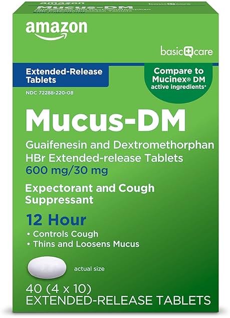 Amazon Basic Care Mucus Relief DM, 12 Hour Chest Congestion & Cough Relief, Guaifenesin & Dextromethorphan Extended-Release Tablets, 600 mg/30 mg, 40 Count (Pack of 1) (Packaging may vary) - Product Image