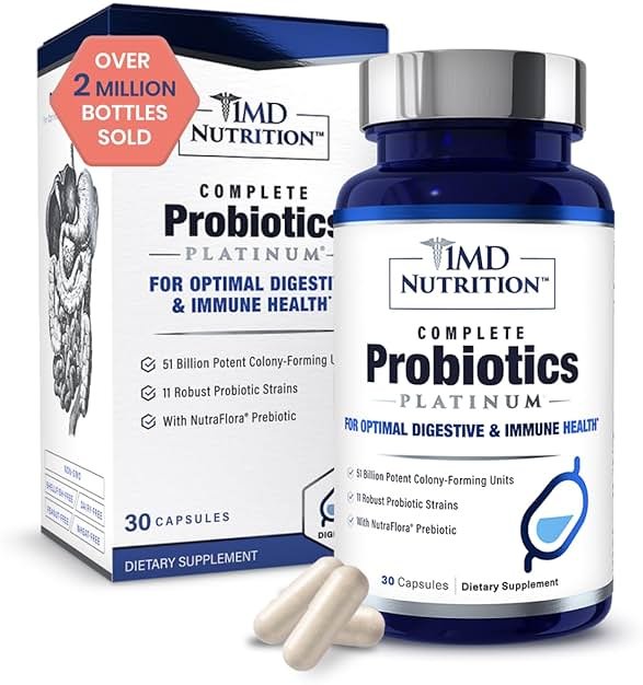 1MD Nutrition Complete Probiotics Platinum - w/Prebiotics and Probiotics for Digestive Health - Probiotic Supplement for Women & Men - More Than 50 Billion Live CFU 11 Strains Dairy-Free - 30 Caps - Product Image