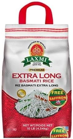 Laxmi Brand, Extra Long Grain Basmati Rice, Free Saffron Included, Made Pure, Made Fresh, Tradition of Quality Since 1972, House of Spices, Product of India (10lb) - Product Image
