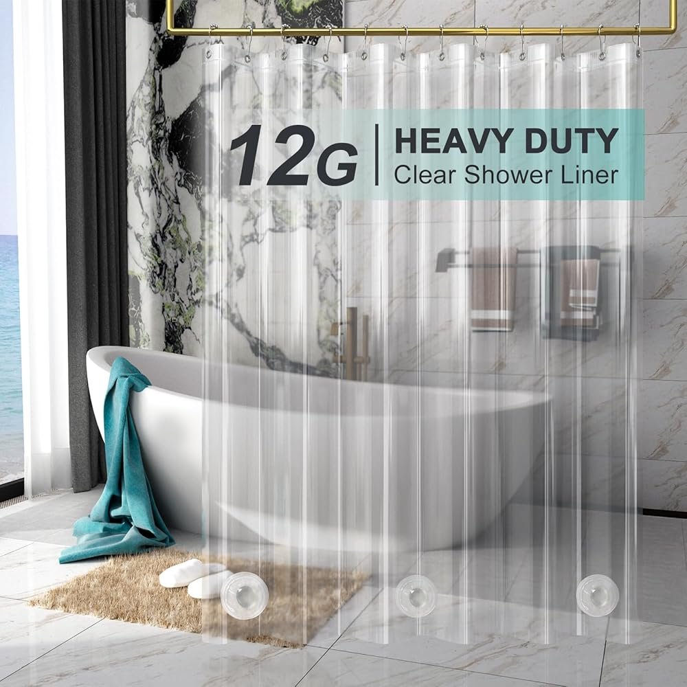 AmazerBath Heavy Duty Shower Curtain Liner 12 Gauge, 72 x 72 Inches Clear Shower Curtain Liner with 3 Clear Stones and 12 Grommet Holes, Weighted Plastic Shower Liner - Product Image