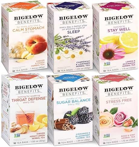Bigelow Benefits Wellness Teas Variety Pack, Mixed Caffeinated Green Matcha & Caffeine-Free Herbal Tea, 18 Count (Pack of 6), 108 Total Tea Bags (Packaging May Vary) - Product Image