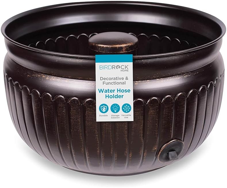 BIRDROCK HOME Water Hose Holder - Decorative Metal Pot, Indoor or Outdoor, Garden Storage Organizer, Patio Portable Bucket - Distressed Bronze, Holds up to 100ft Hoses, Medium No Lid - Product Image