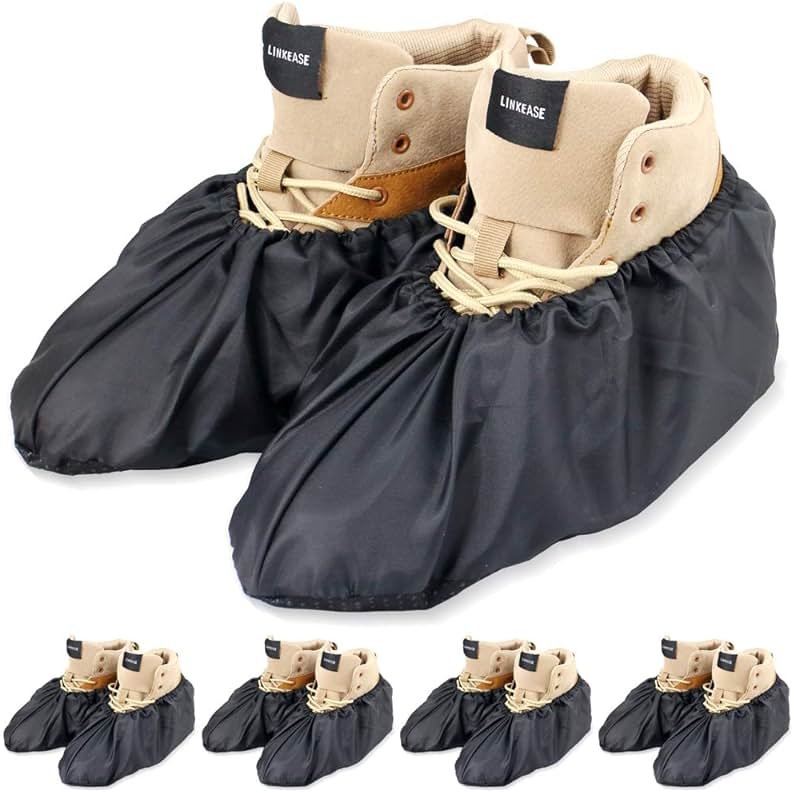 LINKEASE Reusable Boot & Shoe Covers Water Resistant Non Skid and Washable for Real Estate Contractors to Keep Floors Carpets Footwear and Rooms Clean - 5 Pairs (Extra Large, Black) - Product Image