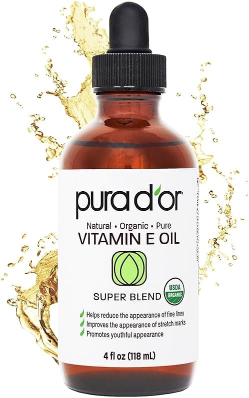PURA D'OR 4 Oz Organic Vitamin E Oil 70,000 IU, USDA Certified Ayurvedic Skin Care, Face, Body w/Argan, Jojoba, Rosehip, Apricot, Almond & Avocado, Lightweight Moisturizer for Soft, Smooth Skin - Product Image