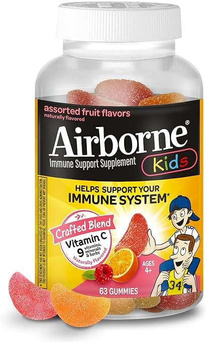 Airborne Kids 500mg Vitamin C Gummies, Kids Immune Support Zinc Gummies with Powerful Antioxidants VIT C & E - 63, Assorted Fruit Flavor - Product Image