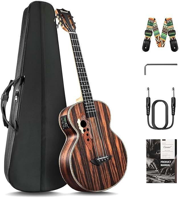 Caramel Ebony Wood Baritone Ukulele 30inch Wood LCD Color Display Electric Ukelele Kit Hawaiian Beginner Guitar Starter Pack Bundle Gig bag, Strap, Strings Set - Product Image