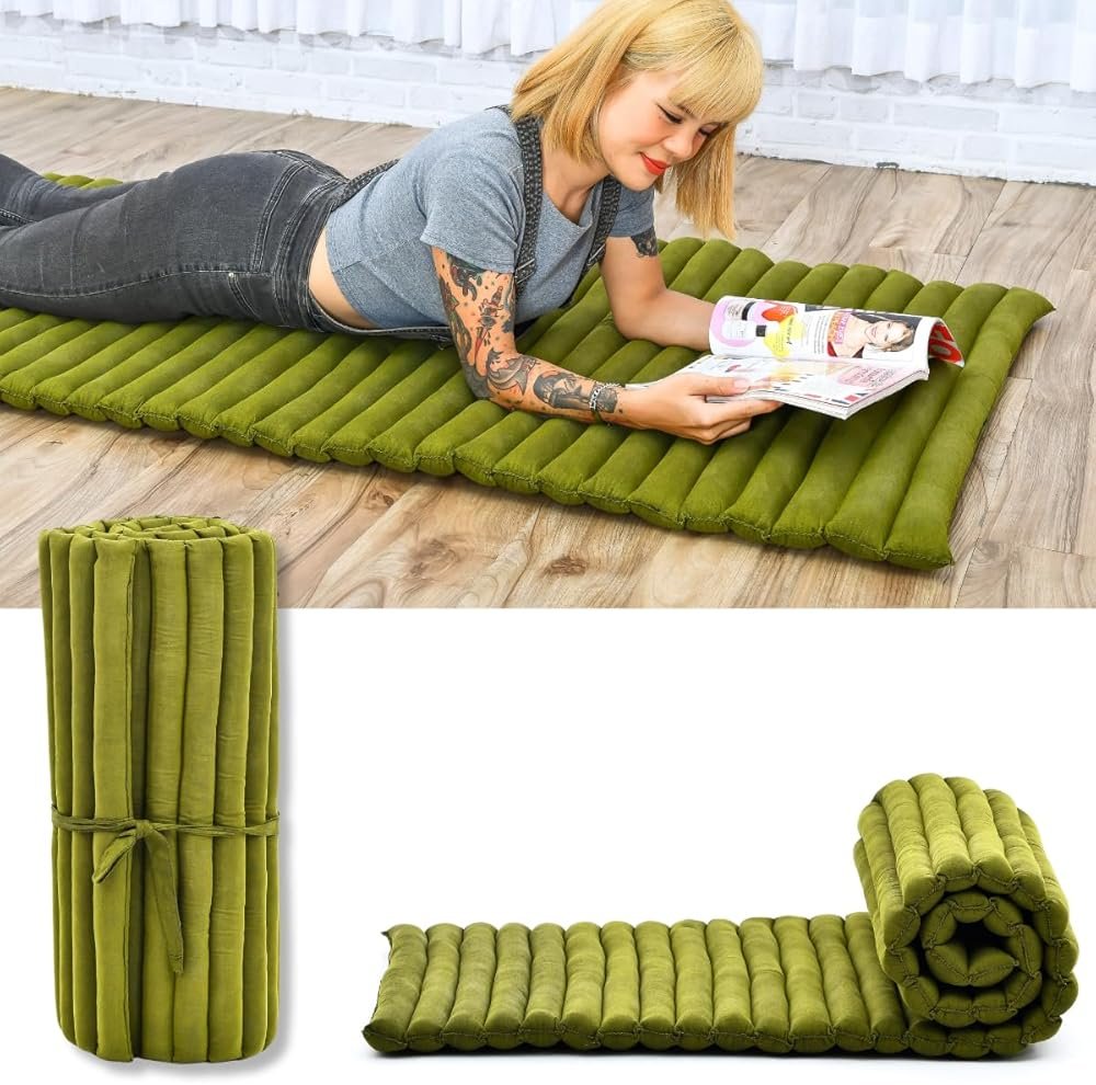 Leewadee - Foldable Floor Mattress - Japanese Roll Up Futon -Trifold Tatami Mat- Guest Floor Bed - Camping Mattress - Thai Massage Mat, Kapok Filled, 75 x 28 inches, Green - Product Image