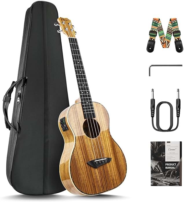 Caramel 30 inch CB103 Zebra wood High Gloss Baritone LCD color display Electric Ukulele Professional Ukelele Kit Beginner Travel Guitar Starter Pack Bundle, Padded Gig Bag, Strap Set - Product Image
