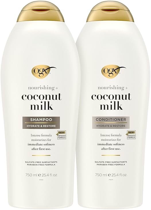 OGX Shampoo and Conditioner Set, Nourishing + Coconut Milk, Shampoo and Conditioner for Moisturizing & Strengthening Hair Care, Formulated without Sulfated Surfactants, 25.4 FL OZ, 2 Pack - Product Image