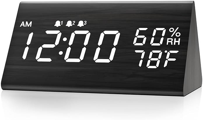 JALL Wooden Digital Alarm Clock for Bedrooms and Office, 3 Alarms with Large Numbers for Beside Table Living Room, Humidity and Temperature, 6-Level Dimmer, Snooze, Loud Desk Clock for Heavy Sleepers - Product Image