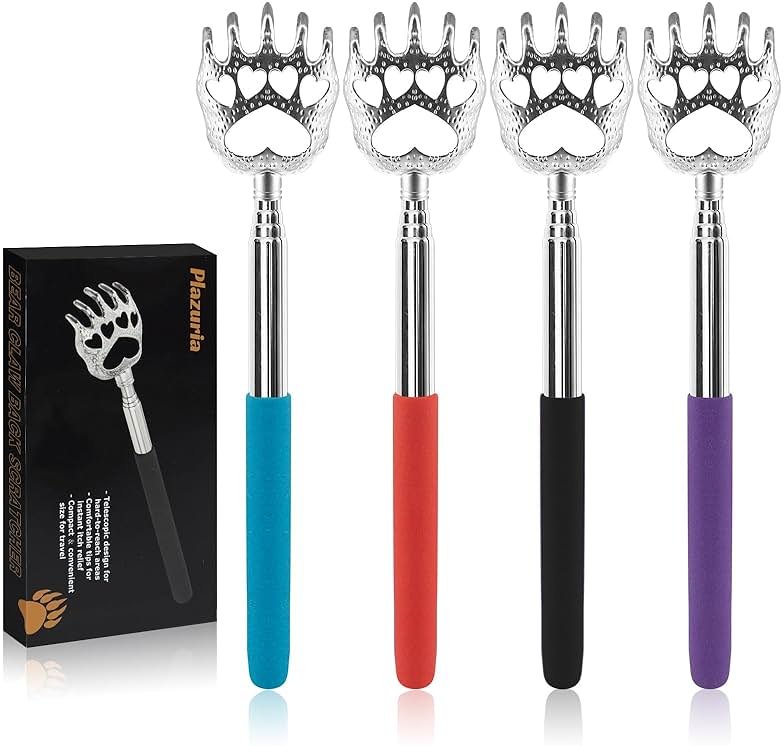 Plazuria (4-Pack) Extendable Back Scratchers - Metal Claws with Telescopic Rubber Handles - Stocking Stuffers for Men, Women, Kids - Product Image