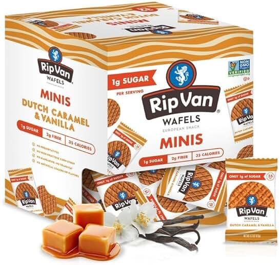 Rip Van Wafels Dutch Caramel Mini Stroopwafels - Low Carb Snacks (3g Net Carbs) - Non GMO Snack - Keto Friendly - Office Snacks - Low Calorie Snack (34 Calories) - Low Sugar (1g) - 32 Pack - Product Image