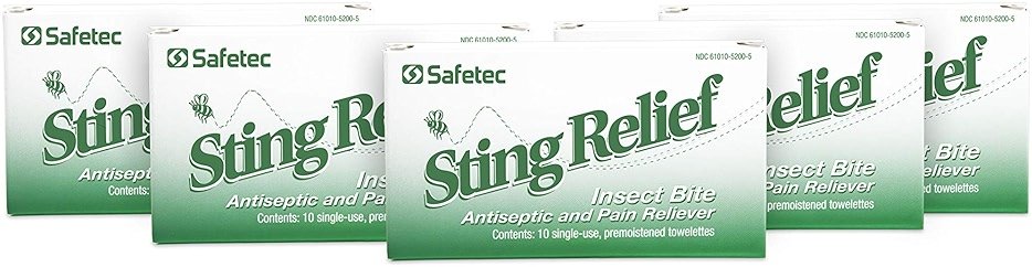 Safetec Sting Relief Wipes 10ct Box (5 Pack of 10ct Wipes - 50 Sting Wipes) for Insect Bites & Stings - Product Image