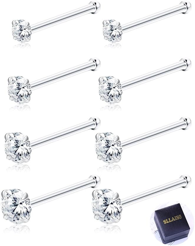 Sllaiss 8 Pcs 20G Nose Ring Studs Made with Austrian Crystal for Women Stainless Steel 1.5mm 2mm 2.5mm 3mm Nose Piercings Set Body Jewelry Hypoallergenic - Product Image