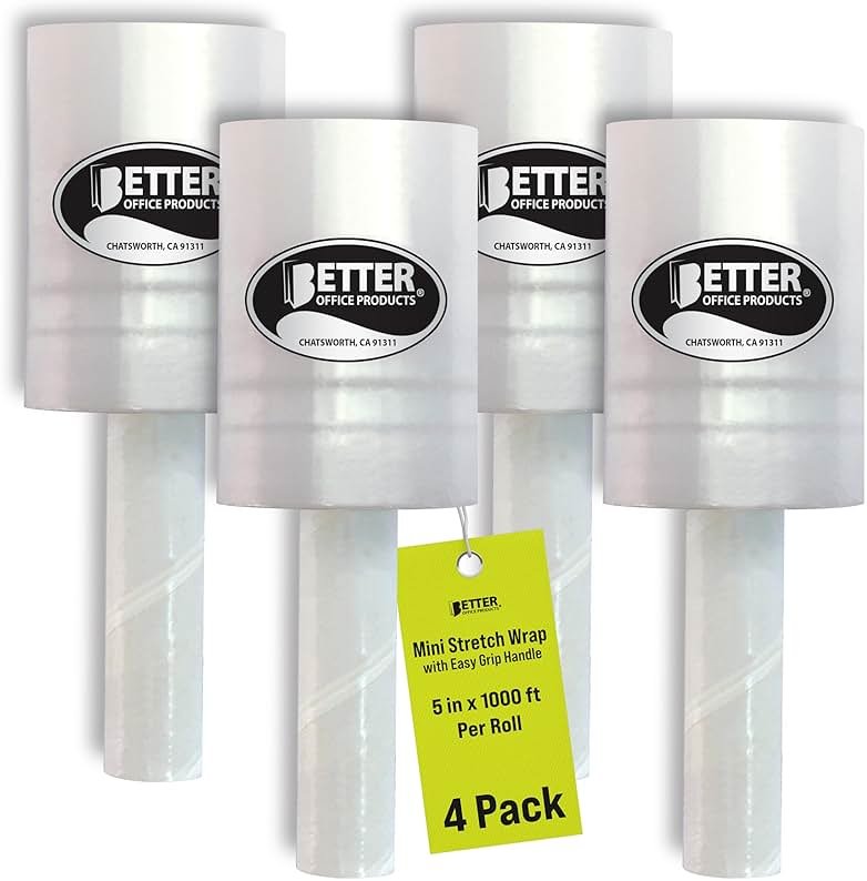 Better Office Products 4 Pack Mini Stretch Wrap with Easy Grip Handle, Self-Dispensing, 5 in x 1000 ft Per Roll, 80 Gauge, Mini Shrink Wrap, Industrial Film, for Moving and Shipping, 4 Pack - Product Image