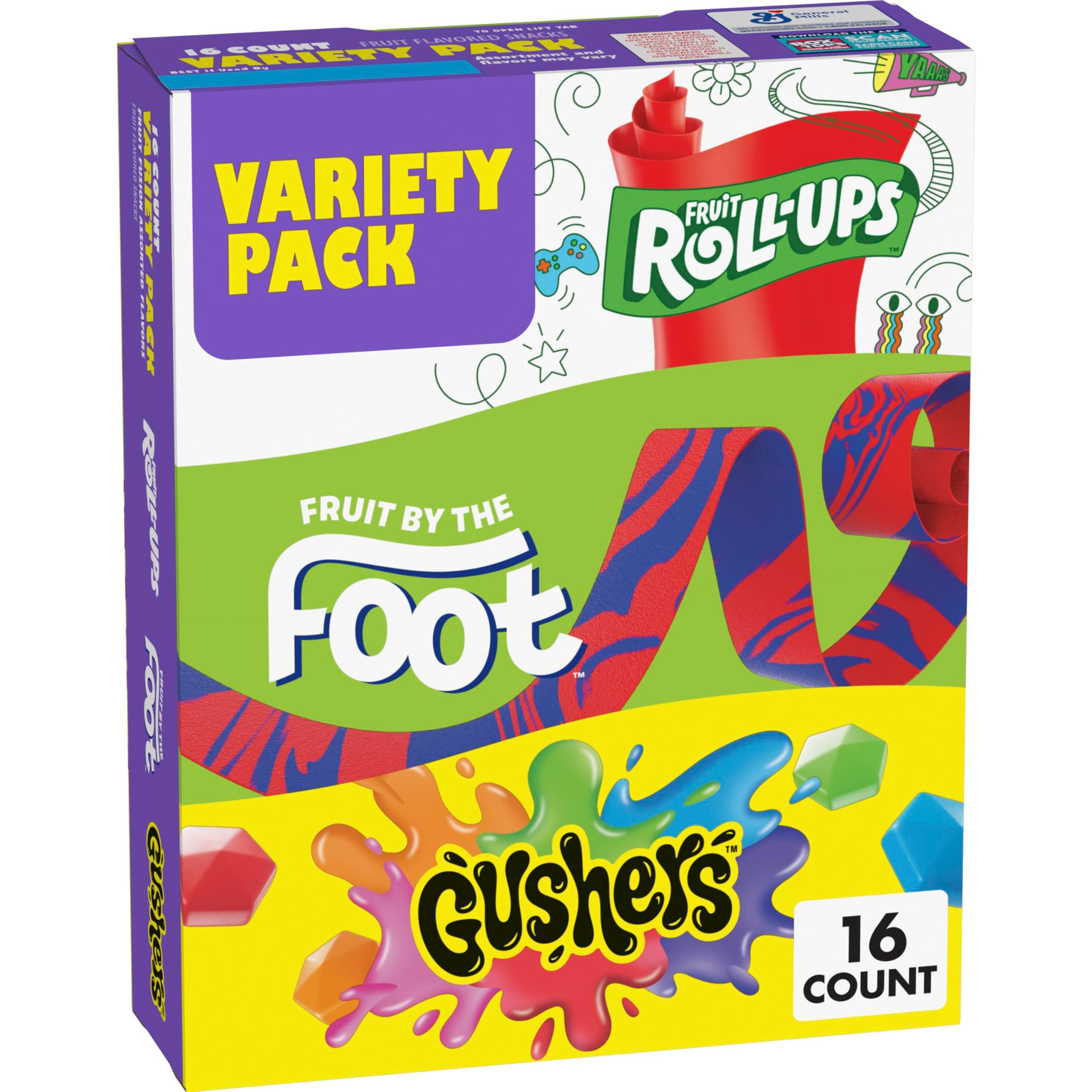 Fruit Roll-Ups, Fruit by the Foot, Gushers, Fruit Flavored Snacks Variety Pack, Gluten Free, 16 Ct, 10.2 oz - Product Image