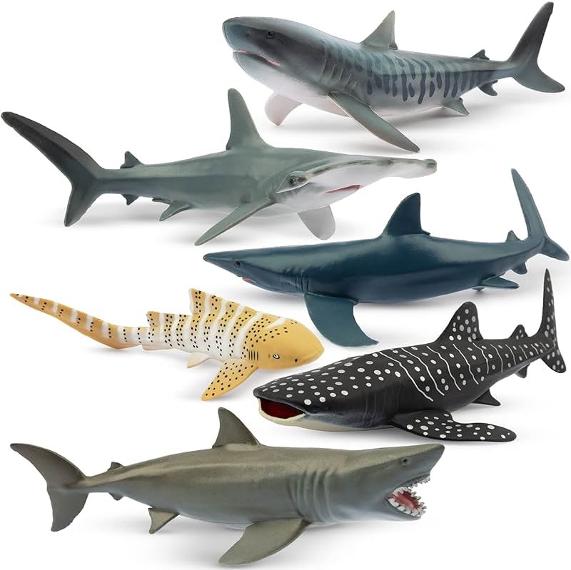 Toymany 6PCS 5-6" L Realistic Shark Bath Toy Figurines, Plastic Ocean Sea Animals Figures Set Includes Great White Shark Cake Toppers Christmas Birthday Gift for Kids Toddlers - Product Image