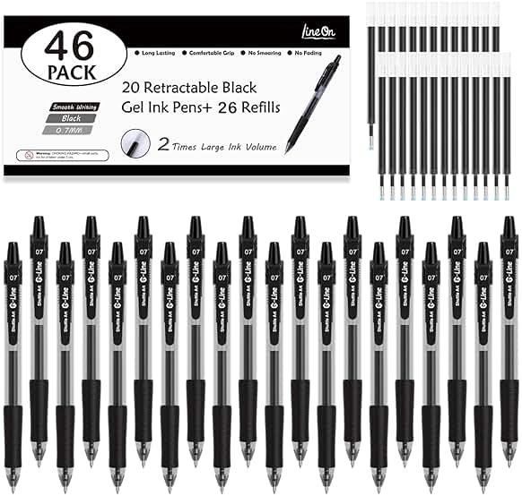 Lineon 46 Pack Black Gel Ink Pens (20 Gel Pens with 26 Refills) Medium Point Retractable Writing Smooth Writing with Comfortable Grip for Office School - Product Image