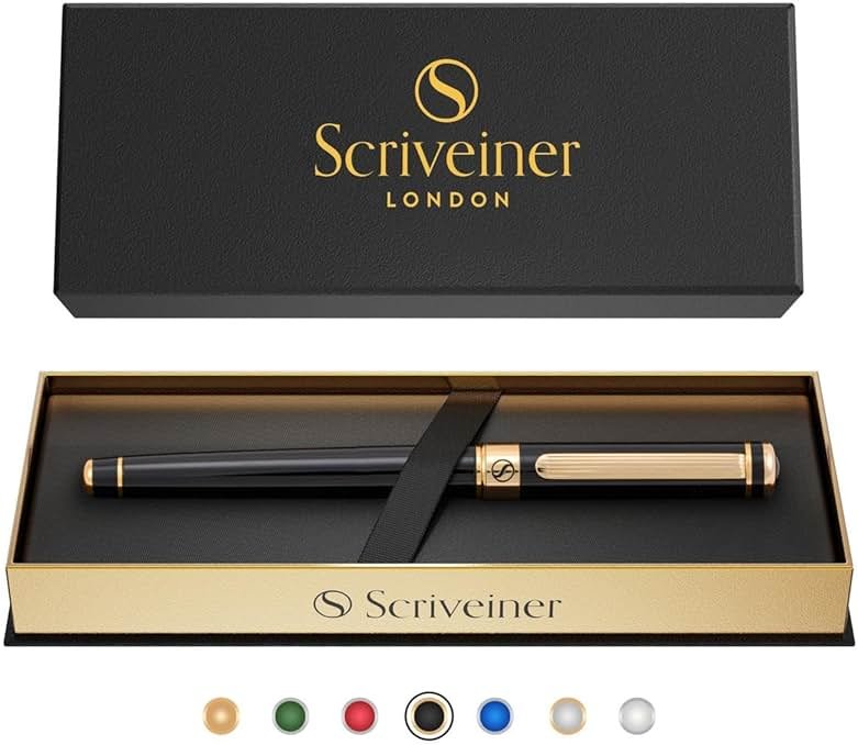 Scriveiner Black Lacquer Rollerball Pen - Stunning Luxury Pen, Real Gold Plating, Schmidt Ink Refill, Best Roller Ball Gift Set for Men & Women, Professional, Executive Office, Nice Pens - Product Image