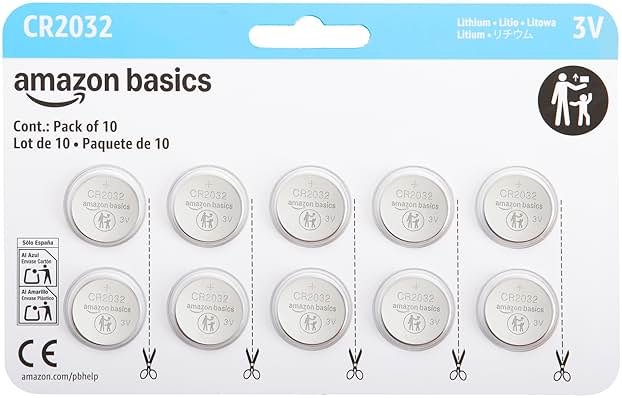 Amazon Basics CR2032 3V Lithium Coin Cell Batteries for Key Fob, Watch, Remote, Child-Proof Package, Non-Coated, AirTag Compatible, 10-Pack - Product Image