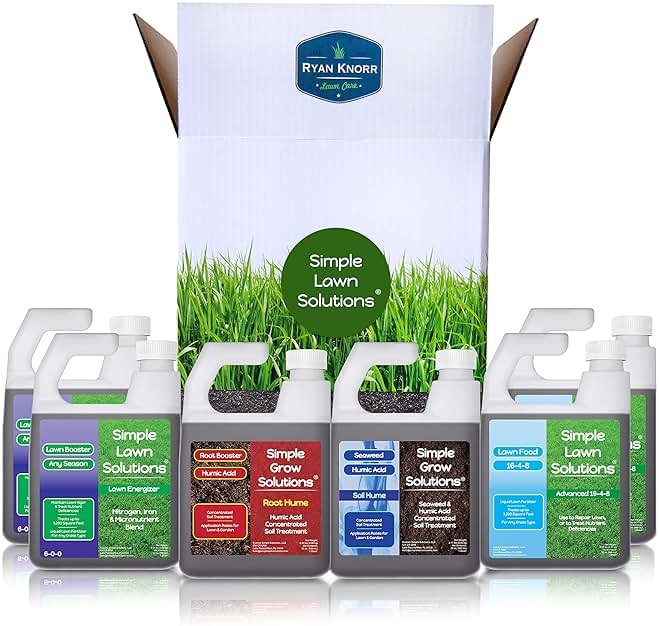 Simple Lawn Solutions - Ryan Knorr - Lawn Essentials Bundle Box - 6 Piece Set- Lawn Food 16-4-8 NPK, Lawn Energizer Booster, Root Hume- Humic Acid, Soil Hume- Seaweed, Humic Acid (32 Ounce Bundle) - Product Image