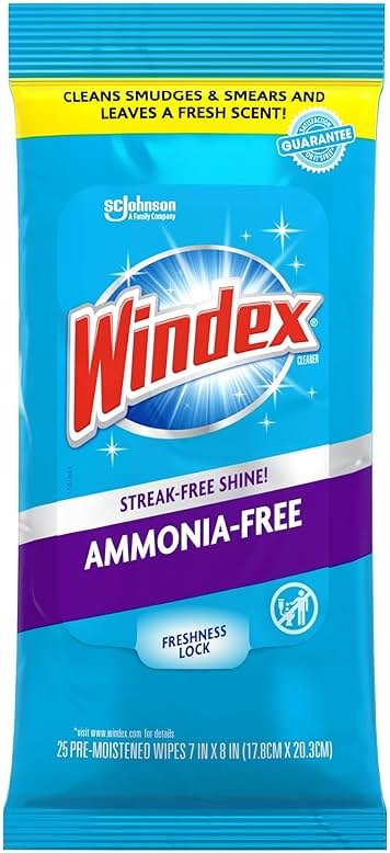 Windex Wipes Glass Cleaning Ammonia Free, Pre-Moistened Wipes for Cleaning All Glass Surfaces, Crystal Rain Fresh Scent, 25 Count - Product Image