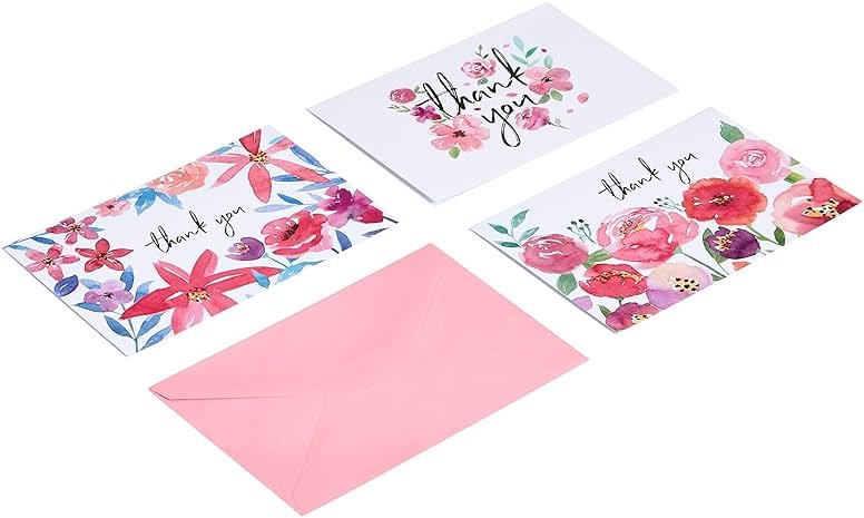 Amazon Basics Thank You Cards and Envelopes, 48 Count, Floral Assorted Designs - Product Image