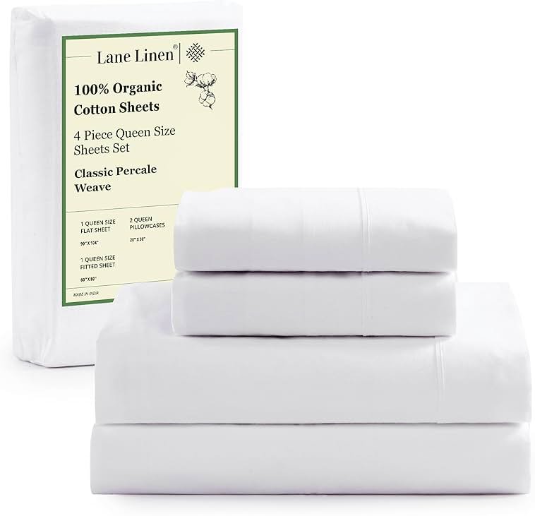 LANE LINEN Queen Sheets 100% Organic Cotton 4pc Percale Cooling - White | Queen Sheet Set, GOTS Certified Organic Cotton Percale - Crisp, Cool & Breathable, For Hot Sleepers, All-Season Comfort - Product Image