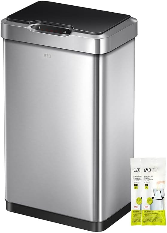 EKO Mirage-T 50 Liter / 13.2 Gallon Touchless Rectangular Motion Sensor Trash Can, Brushed Stainless Steel Finish - Product Image